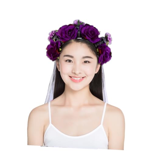 PAMINGONO Totenkopf Stirnband Dekorationen Halloween Haarband Stirnbänder Rosenblumen Haarband Gothic Totenkopf Blumenhaar Halloween Blumenhaar von PAMINGONO