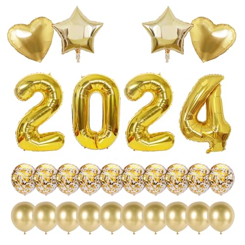 Silvester Deko, PAMIYO Luftballons 2024 Neujahr Silvesterdeko Gold 2024 Folienballons XXL Ballons Happy New Year Deko Fünfzackigen Stern & Herz Folienballons 18inch Silvester Party Supplies 2024 von PAMIYO