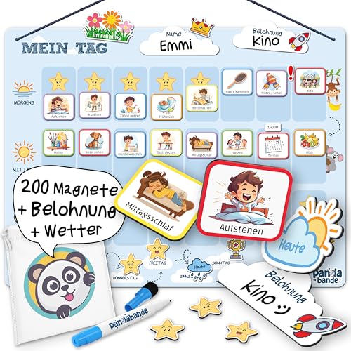 PANDABANDE® Montessori Tagesplaner Kinder [Belohnung, Wetter, 200 Magnete] - Routine Planer Kind - Ideale Aufgabentafel, Tagesplan, Tagesablauf Plan für Morgenroutine & Abendroutine von PANDABANDE