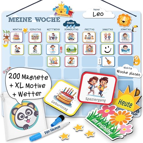 PANDABANDE® Wochenplaner Kinder - Montessori Magnettafel Kinder [inkl. 184 Magnete, Stift, Tasche] - Idealer Wochenplaner abwischbar magnetisch, to Do Liste Kinder, Tagesplan Kinder Routine Planer von PANDABANDE