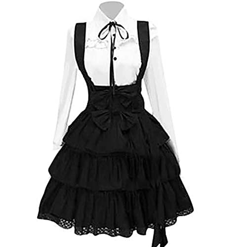 Plus Size Gothic Kleidung Größe 24 Damenkostüm hat 2PC Kostüm 1PC Kleid + 1PC Fliege Reine Farbe Mittlerer Rock Temperament Schwarz Lolita Rock Anzug Kleid mit hoher Hinata Cosplay Kostüme (Black, S) von PANGHUBO