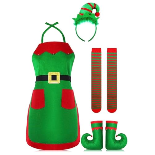 Weihnachtsmann-Kostüm, Urlaubskostüm, Ohren, gestreift, Strumpf, Hut, Schuhe, Gürtel, Schürze für Weihnachtsfeier Weihnachtsmann-Kostüm, Urlaubskostüm, Ohren, gestreift, Strumpf, Hut, Schuhe, Gürtel, Schürze für Weihnachtsfeier von PANHDK
