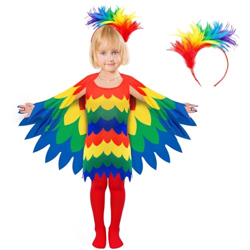 Halloween Papagei Kostüm Kleid Kostüm Kinder，Buntes Papagei Fee kostüm für Mädchen, Vogelkleid Tier für Karneval Halloween Party Tukan Verkleidung Fancy Dress (7-8Y) von PANMAY