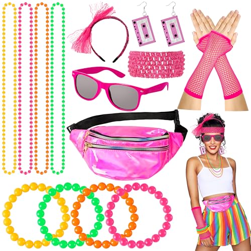 PANTIDE 80er-Jahre-Kostüm-Zubehör mit Netz-Ärmeln, Fischnetz-Handschuhen, Halskette, Ohrring, Armband, Haarband, Sonnenbrille, Hüfttasche für Mädchen und Damen, Retro-Spitze, Neon-Outfit für Disco PANTIDE 80er-Jahre-Kostüm-Zubehör mit Netz-Ärmeln, Fischnetz-Handschuhen, Halskette, Ohrring, Armband, Haarband, Sonnenbrille, Hüfttasche für Mädchen und Damen, Retro-Spitze, Neon-Outfit für Disco von PANTIDE