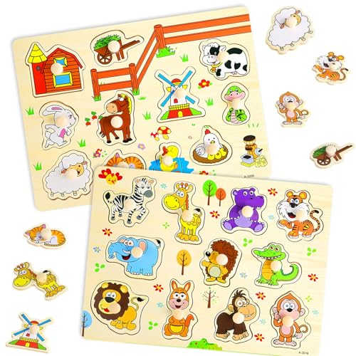 2 Stück Bauernhof Holzpuzzles,Puzzle zur Erkennung Von Tierformen,Steckpuzzles für Kinder,Baby Puzzle,Dschungeltiere Greifpuzzle Holz,Geschenk für MäDchen und Jungen Ab 2 Jahren 2 Stück Bauernhof Holzpuzzles,Puzzle zur Erkennung Von Tierformen,Steckpuzzles für Kinder,Baby Puzzle,Dschungeltiere Greifpuzzle Holz,Geschenk für MäDchen und Jungen Ab 2 Jahren von PANYI