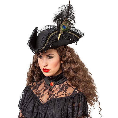 PAPSTAR Damen Piratenhut Dreispitz mit Pfauenfeder-Hutnadel und Rschen KW 58, Schwarz, Karneval, Erwachsene, Unisex von PAPSTAR