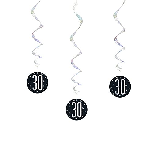 WOOOOZY NEU Girlande spiralförmig / Deckenhänger 30. Geburtstag, schwarz-Silber, glitzernd, Länge: ca. 80 cm, 6 Stück von PAPSTAR