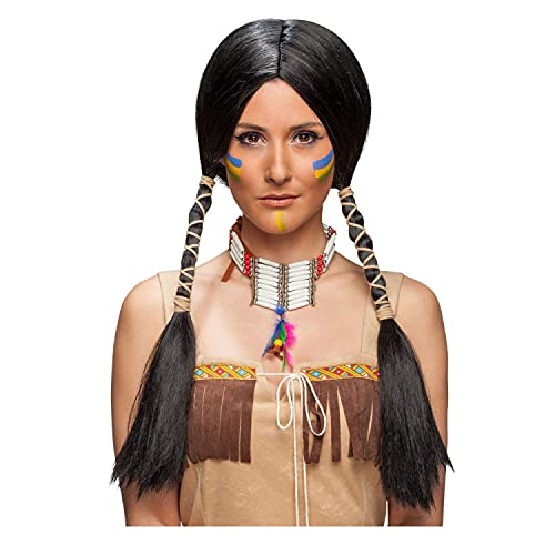 WOOOOZY NEU Perücke Damen Indianerin mit Zwei gefochtenen Zöpfen, schwarz - Haarnetz von PAPSTAR