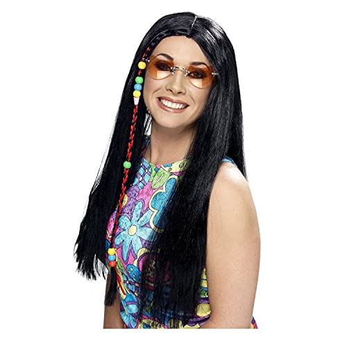 WOOOOZY NEU Perücke Damen Mittelscheitel lang mit geflochtener Strähne und Perlen 70er Hippie, schwarz - mit Haarnetz von PAPSTAR