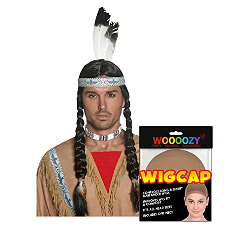 WOOOOZY NEU Perücke Herren Indianer mit Stirnband und Zwei gefochtenen Zöpfen, Sioux, schwarz - mit Haarnetz von PAPSTAR
