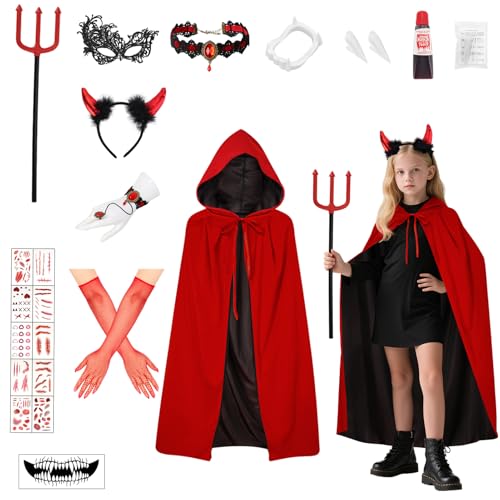 13er Teufel Kostüm Kinder Halloween Vampir Kostüm Set,90/120cm Doppelseitig Vampir Umhang mit Zähne & Teufelshörner & Stab,Halloween Kostüm Mädchen Teufel Vampire Umhang Accessorie Fasching Mottoparty 13er Teufel Kostüm Kinder Halloween Vampir Kostüm Set,90/120cm Doppelseitig Vampir Umhang mit Zähne & Teufelshörner & Stab,Halloween Kostüm Mädchen Teufel Vampire Umhang Accessorie Fasching Mottoparty von PAPU