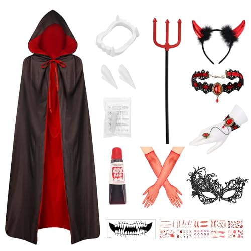 13er Vampir Kostüm Damen Halloween Teufel Kostüme Set,140cm Doppelseitig Vampir Umhang mit Vampirzähne & Teufelshörner & Stab,Halloween Kostüm Damen Vampire Umhang Accessorie für Fasching Mottoparty 13er Vampir Kostüm Damen Halloween Teufel Kostüme Set,140cm Doppelseitig Vampir Umhang mit Vampirzähne & Teufelshörner & Stab,Halloween Kostüm Damen Vampire Umhang Accessorie für Fasching Mottoparty von PAPU