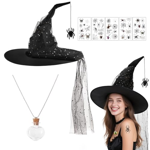 3er Halloween Hexenhut Set,Schwarz Hexenhüte mit Spinnenanhänger & Trankflasche Halskette & Spinnen Aufkleber,Witch Hat Kostüm Damen Hexe Zubehör für Halloween Party 3er Halloween Hexenhut Set,Schwarz Hexenhüte mit Spinnenanhänger & Trankflasche Halskette & Spinnen Aufkleber,Witch Hat Kostüm Damen Hexe Zubehör für Halloween Party von PAPU