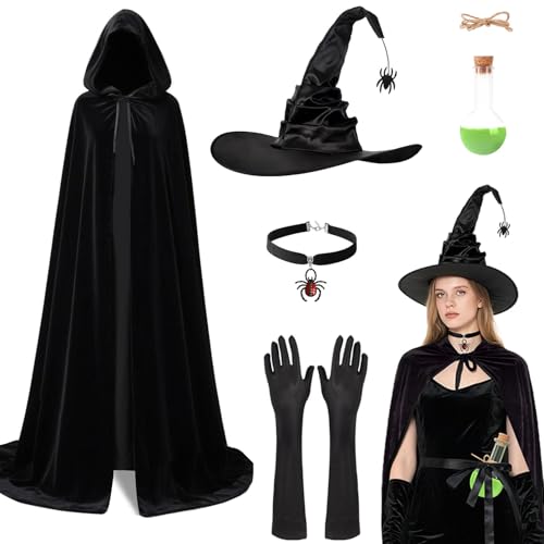 5er Halloween Kostüm Damen Hexe Set - Hexenkostüm Umhang mit Kapuze & Hexenhüt & Lange Handschuhe & Gothic Hexe Zubehör & Zaubertrankflasche,140 cm Hexenumhang Schwarzer für Halloween Karneval Party 5er Halloween Kostüm Damen Hexe Set - Hexenkostüm Umhang mit Kapuze & Hexenhüt & Lange Handschuhe & Gothic Hexe Zubehör & Zaubertrankflasche,140 cm Hexenumhang Schwarzer für Halloween Karneval Party von PAPU