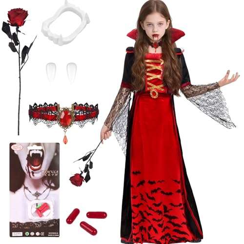 Gothic Vampir Kostüm Mädchen Set,7Pcs Halloween Royal Vampirkostüm Kleid Kinder mit Vampirzähne & Kunstblut & Vampire Accessoires,Vampirin Queen Dress Up Edles Verkleidung Fasching L (10–12 Jahre) Gothic Vampir Kostüm Mädchen Set,7Pcs Halloween Royal Vampirkostüm Kleid Kinder mit Vampirzähne & Kunstblut & Vampire Accessoires,Vampirin Queen Dress Up Edles Verkleidung Fasching L (10–12 Jahre) von PAPU