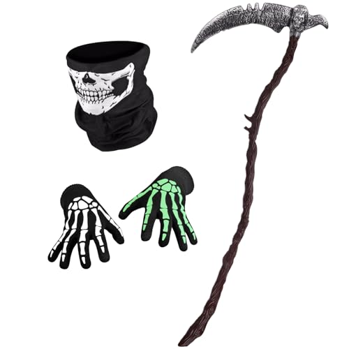 Halloween Sense Kostüm mit Dualklingen Design,2025 Neue Sense & Glüh Skeletthandschuhe & Skelett Maske,3er Sensenmann Kostümzubehör für Kinder Erwachsene Halloween Kostüm Karneval Cosplay Mottoparty von PAPU