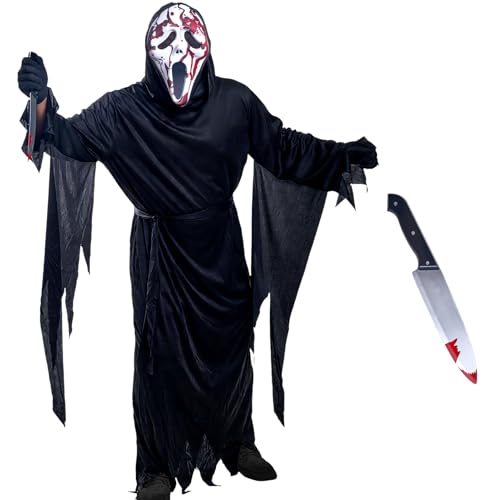 PAPU 5er Ghostface Kostüm Erwachsene Set - Halloween Kostüm Herren Gruselig Scream Movie mit Scary Movie Maske(3D Schwammtextur) & Blutiges Messer,Halloween Scream Costume Horror Reaper Kostüme(L) von PAPU