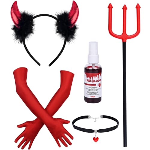 PAPU Teufel Kostüm Damen,5er Teufelshörner Handschuhe Dreizack,Kunstblut Spray Gothic Halskette Set,Teufel Accessoires Damen Mädchen Devil Costume Haarreif Teufelskostüm für Halloween Karneval (Rot) PAPU Teufel Kostüm Damen,5er Teufelshörner Handschuhe Dreizack,Kunstblut Spray Gothic Halskette Set,Teufel Accessoires Damen Mädchen Devil Costume Haarreif Teufelskostüm für Halloween Karneval (Rot) von PAPU