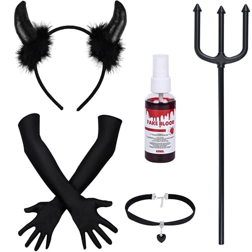 Teufel Kostüm Damen,5er Teufelshörner Handschuhe Dreizack,Kunstblut Spray Gothic Halskette Set,Teufel Accessoires Damen Mädchen Devil Costume Haarreif Teufelskostüm für Halloween Karneval (Schwarz) Teufel Kostüm Damen,5er Teufelshörner Handschuhe Dreizack,Kunstblut Spray Gothic Halskette Set,Teufel Accessoires Damen Mädchen Devil Costume Haarreif Teufelskostüm für Halloween Karneval (Schwarz) von PAPU