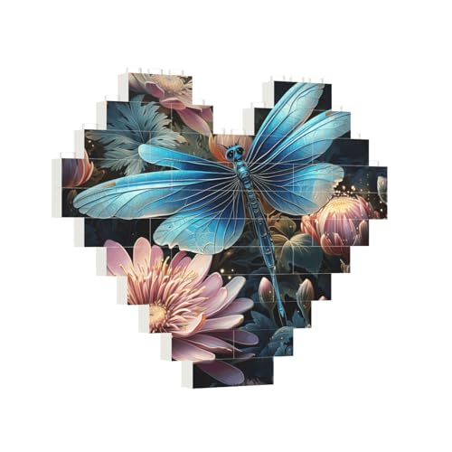 Baustein-Puzzle, Herz, Seerose und Libelle, Baustein-Puzzle, Puzzles für Erwachsene, personalisiertes Fotoblock-Puzzle, Heimdekoration, 3D-Ziegel-Puzzle für Damen und Herren von PAQOLSMCKR
