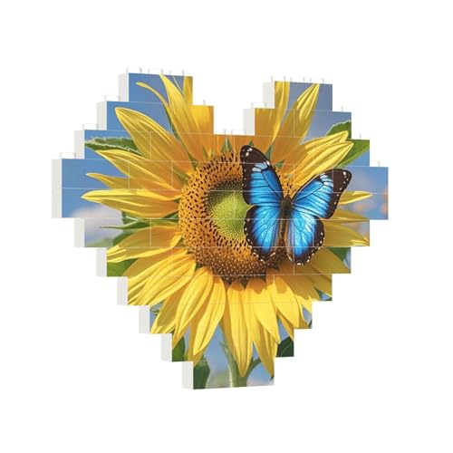Baustein-Puzzle, Herz, Sonnenblume, blauer Schmetterling, Baustein-Puzzle, Puzzles für Erwachsene, personalisiertes Fotoblock-Puzzle, Heimdekoration, 3D-Ziegel-Puzzle für Damen und Herren von PAQOLSMCKR