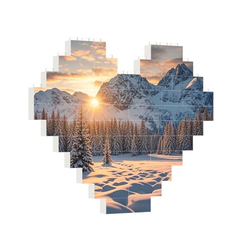 Baustein-Puzzle, Herz, Sonnenuntergang, Winter, Berge, Baustein-Puzzle, Puzzles für Erwachsene, personalisiertes Fotoblock-Puzzle, Heimdekoration, 3D-Ziegel-Puzzle für Damen und Herren von PAQOLSMCKR