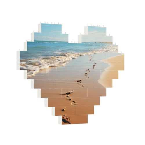 Baustein-Puzzle, Herz, Strand, Fußabdrücke, Baustein-Puzzle, Puzzles für Erwachsene, personalisiertes Fotoblock-Puzzle, Heimdekoration, 3D-Stein-Puzzle für Damen und Herren von PAQOLSMCKR