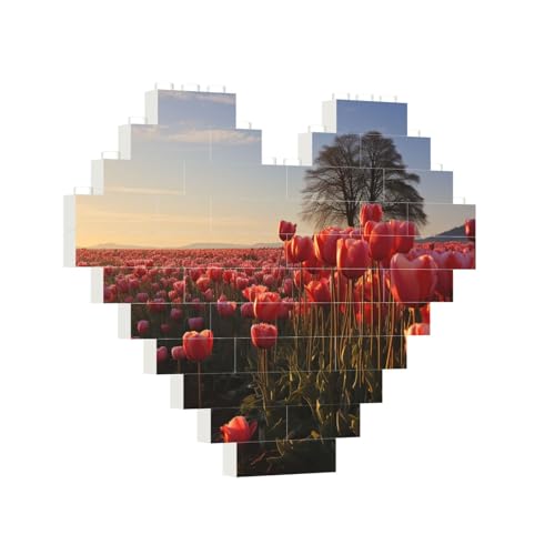 Baustein-Puzzle, Herz, Tulpen, Feld, Baustein-Puzzle, Puzzles für Erwachsene, personalisiertes Fotoblock-Puzzle, Heimdekoration, 3D-Ziegel-Puzzle für Damen und Herren von PAQOLSMCKR
