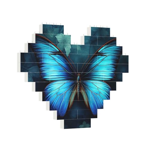 Baustein-Puzzle, Herz, blaues Schmetterlingsmuster, Baustein-Puzzle, Puzzles für Erwachsene, personalisiertes Fotoblock-Puzzle, Heimdekoration, 3D-Ziegel-Puzzle für Damen und Herren von PAQOLSMCKR