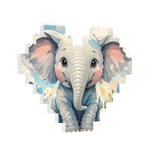 Baustein-Puzzle, Herz, niedlicher Baby-Elefant, Aquarell-Baustein-Puzzle, Puzzles für Erwachsene, personalisiertes Fotoblock-Puzzle, Heimdekoration, 3D-Stein-Puzzle für Damen und Herren von PAQOLSMCKR