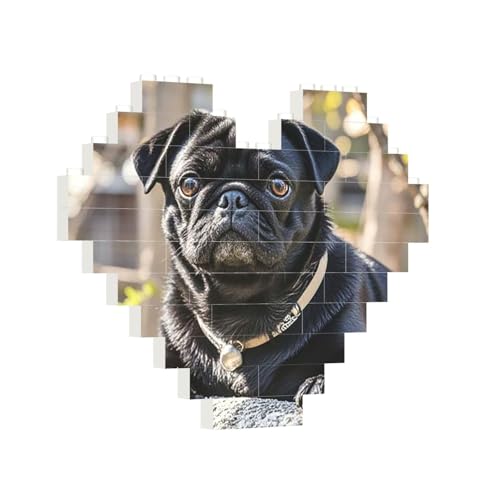 Baustein-Puzzle, Herz, niedlicher schwarzer Mops, Hund, Baustein-Puzzle, Puzzles für Erwachsene, personalisiertes Fotoblock-Puzzle, Heimdekoration, 3D-Ziegel-Puzzle für Damen und Herren von PAQOLSMCKR