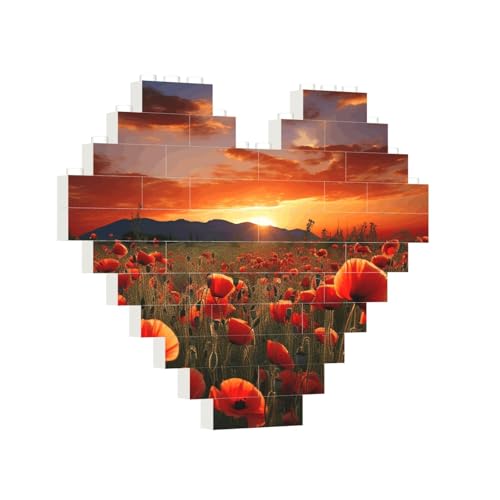 Baustein-Puzzle, Herz, rote Blumen, Baustein-Puzzle, Puzzles für Erwachsene, personalisiertes Fotoblock-Puzzle, Heimdekoration, 3D-Ziegel-Puzzle für Damen und Herren von PAQOLSMCKR