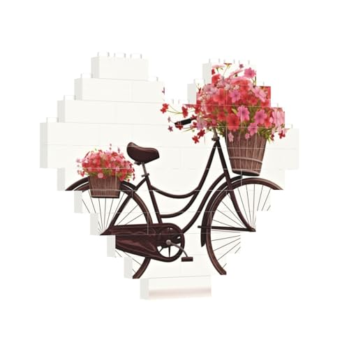Baustein-Puzzle, Herz, rotes Fahrrad mit Blumen, Baustein-Puzzle, Puzzles für Erwachsene, personalisiertes Fotoblock-Puzzle, Heimdekoration, 3D-Stein-Puzzle für Damen und Herren von PAQOLSMCKR