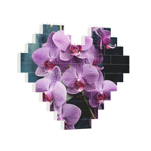 Baustein-Puzzle, Herz, schöne violette Orchideen, Baustein-Puzzle, Puzzles für Erwachsene, personalisiertes Fotoblock-Puzzle, Heimdekoration, 3D-Stein-Puzzle für Damen und Herren von PAQOLSMCKR