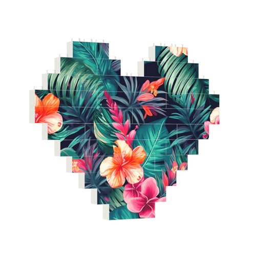 Baustein-Puzzle, Herz, tropische Blumenblätter, Baustein-Puzzle, Puzzles für Erwachsene, personalisiertes Fotoblock-Puzzle, Heimdekoration, 3D-Ziegel-Puzzle für Damen und Herren von PAQOLSMCKR