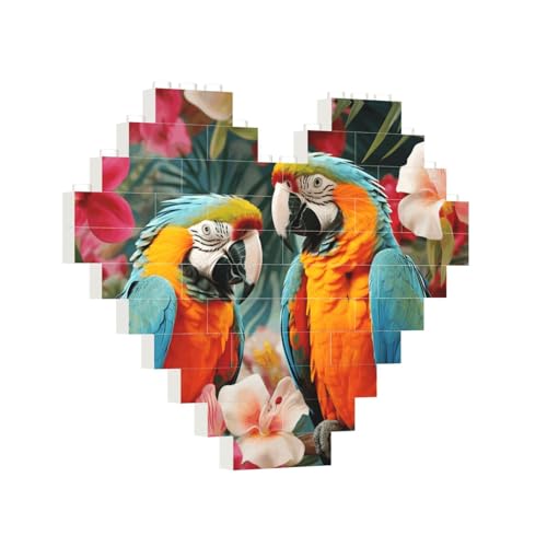 Baustein-Puzzle, Herz, tropische Pflanzen und Papageien, Baustein-Puzzle, Puzzles für Erwachsene, personalisiertes Fotoblock-Puzzle, Heimdekoration, 3D-Stein-Puzzle für Damen und Herren von PAQOLSMCKR