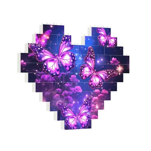 Baustein-Puzzle, Herz, violett, niedlicher Schmetterling, Baustein-Puzzle, Puzzles für Erwachsene, personalisiertes Fotoblock-Puzzle, Heimdekoration, 3D-Stein-Puzzle für Damen und Herren von PAQOLSMCKR