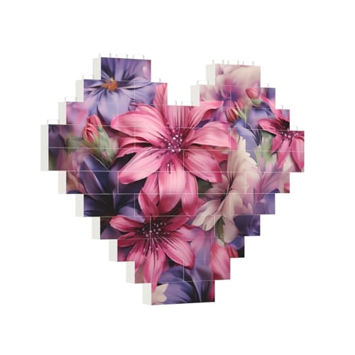 Baustein-Puzzle, Herz, violette Blumen, Baustein-Puzzle, Puzzles für Erwachsene, personalisiertes Fotoblock-Puzzle, Heimdekoration, 3D-Ziegel-Puzzle für Damen und Herren von PAQOLSMCKR