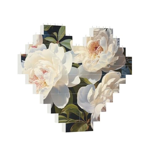 Baustein-Puzzle, Herz, weiße Pfingstrose, Baustein-Puzzle, Puzzles für Erwachsene, personalisiertes Fotoblock-Puzzle, Heimdekoration, 3D-Ziegel-Puzzle für Damen und Herren von PAQOLSMCKR