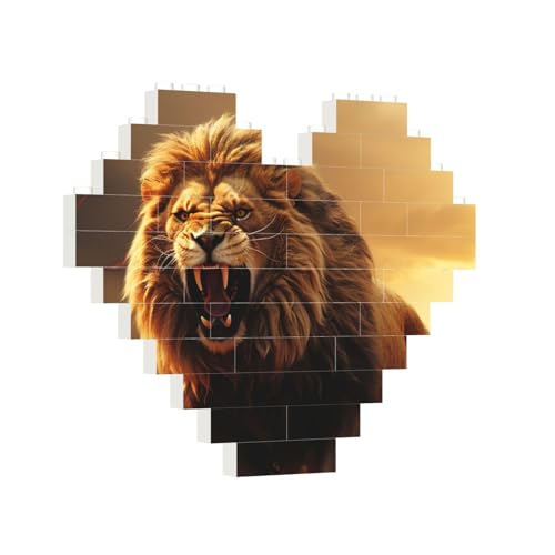 Baustein-Puzzle, Herz, wütender brüllender Löwe, Baustein-Puzzle, Puzzles für Erwachsene, personalisiertes Fotoblock-Puzzle, Heimdekoration, 3D-Stein-Puzzle für Damen und Herren von PAQOLSMCKR