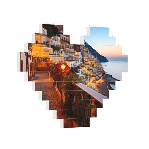 Baustein-Puzzle, Herz Positano Seaside Sunset Baustein-Puzzle für Erwachsene, personalisiertes Fotoblock-Puzzle, Heimdekoration, 3D-Stein-Puzzle für Damen und Herren von PAQOLSMCKR