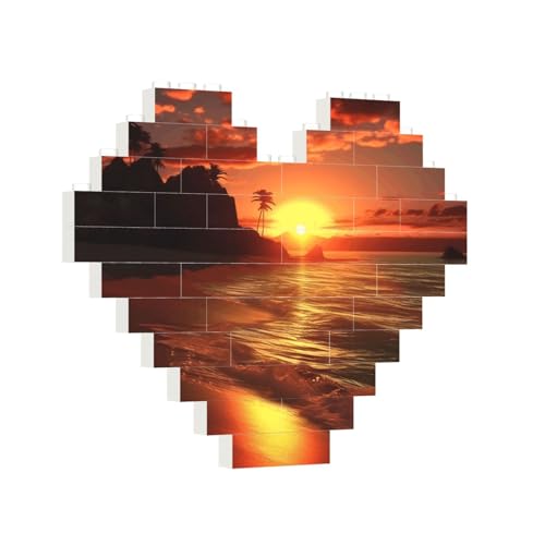Baustein-Puzzle, Herz Sonnenuntergang am Strand, Baustein-Puzzle, Puzzles für Erwachsene, personalisiertes Fotoblock-Puzzle, Heimdekoration, 3D-Stein-Puzzle für Damen und Herren von PAQOLSMCKR