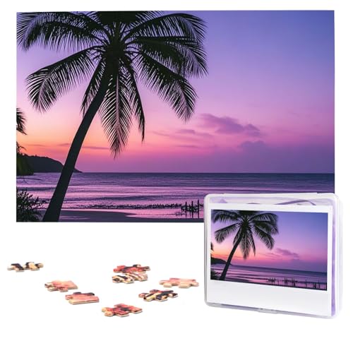 Puzzles, 1000 Teile, personalisierbar, Palme, violett, Sonne, Puzzle, anspruchsvolles Bild mit Aufbewahrungstasche, Fotopuzzle für Erwachsene, Hochzeit (75 x 50 cm) von PAQOLSMCKR