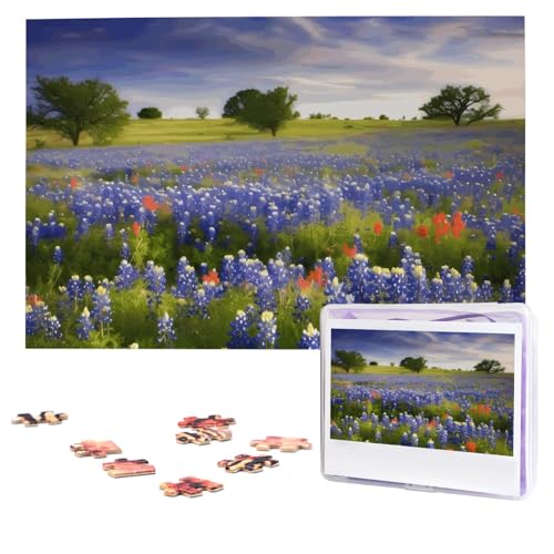Puzzles, 1000 Teile, personalisierbar, Texas, Bluebonnets, Landschaft, Puzzle, anspruchsvolles Bild mit Aufbewahrungstasche, Fotopuzzle für Erwachsene, Hochzeit (75 x 50 cm) von PAQOLSMCKR