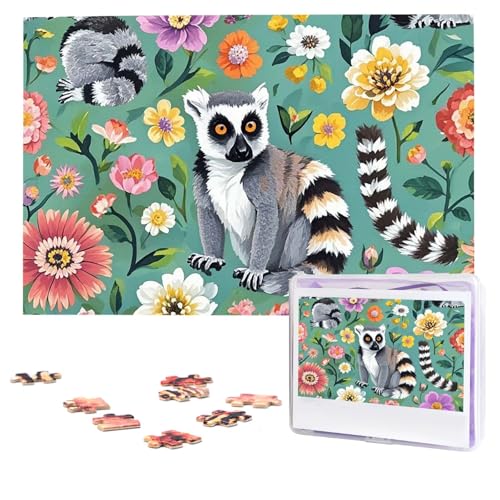 Puzzles, 1000 Teile, personalisiertes Puzzle, Tiere, Lemur, Blumen, Muster, Puzzle, anspruchsvolles Bild mit Aufbewahrungstasche, Fotopuzzle für Erwachsene, Hochzeit (75 x 50 cm) von PAQOLSMCKR