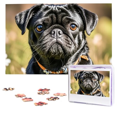 Puzzles, 1000 Teile, personalisiertes Puzzle, niedlicher schwarzer Mops, herausforderndes Bild mit Aufbewahrungstasche, Fotopuzzle für Erwachsene, Hochzeit (75 x 50 cm) von PAQOLSMCKR