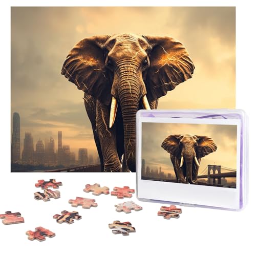 Puzzles, 500 Teile, personalisierbar, Elefant auf einer Brücke, Puzzle, anspruchsvolles Bild mit Aufbewahrungstasche, Fotopuzzle für Erwachsene, Hochzeit (75 x 50 cm) von PAQOLSMCKR