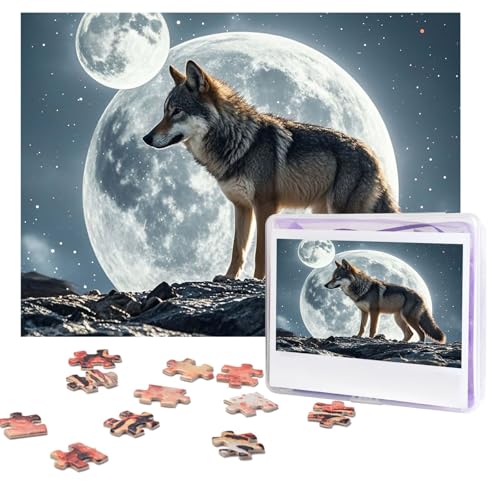 Puzzles, 500 Teile, personalisierbar, Motiv: Wolf unter dem Mond, Puzzle, herausforderndes Bild mit Aufbewahrungstasche, Fotopuzzle für Erwachsene, Hochzeit (52 x 38 cm) von PAQOLSMCKR