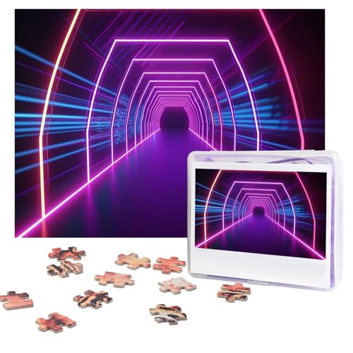 Puzzles, 500 Teile, personalisierbar, Neonlichter, Tunnel, Puzzle, anspruchsvolles Bild mit Aufbewahrungstasche, Fotopuzzle für Erwachsene, Hochzeit (75 x 50 cm) von PAQOLSMCKR