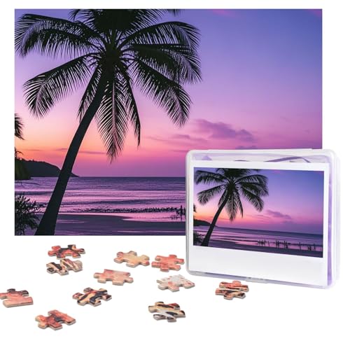 Puzzles, 500 Teile, personalisierbar, Palme, violett, Sonne, Puzzle, anspruchsvolles Bild mit Aufbewahrungstasche, Fotopuzzle für Erwachsene, Hochzeit (52 x 38 cm) von PAQOLSMCKR